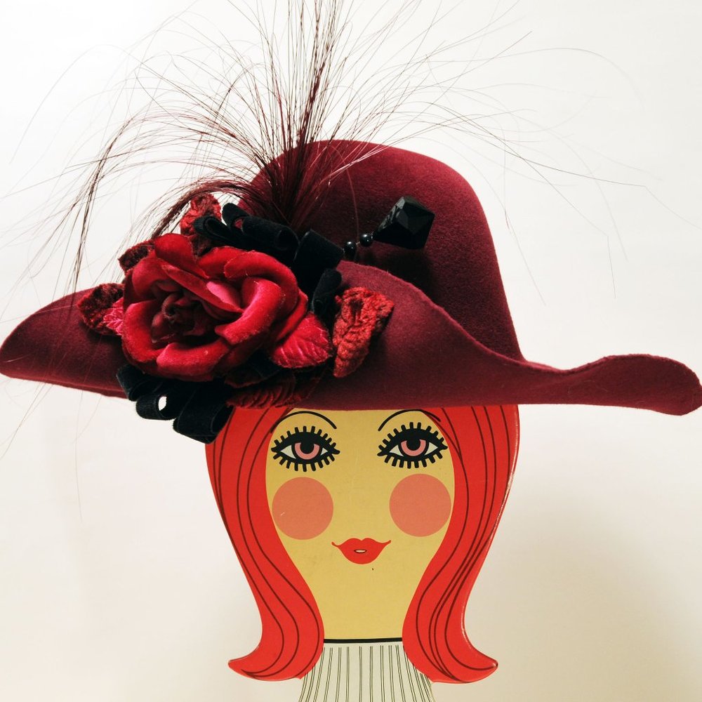Women’s Picture Frame Wide Brim Hat 100% Wool,OOAK